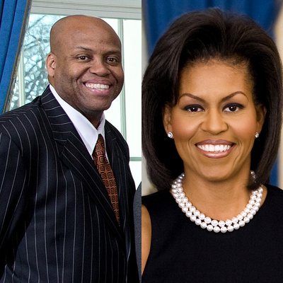 Left: Craig Robinson, smiling, in a pinstripe suit. Right: Michelle Obama, smiling, in her 2009 official White House portrait. Two separate, unaltered photographs placed side by side.