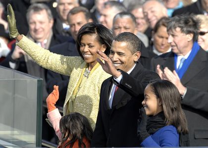 Verified real photograph: Barack Obama, Michelle Obama and their daughters waving to the crowd after the January 20, 2009 inaugural address, on the west steps of the U.S. Capitol.