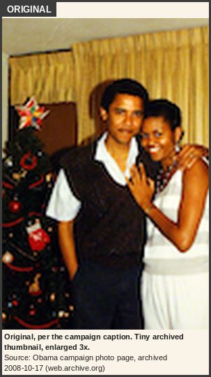 Original, per the campaign caption: the archived thumbnail of the campaign photo: two people posing close together in front of a decorated Christmas tree with a star on top, with curtains behind them, in a wider frame than the edit. It is a tiny thumbnail, enlarged three times.