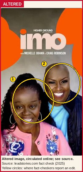 Altered image: a cropped, reduced copy of the edited podcast promo with the two faces swapped. Yellow circles mark the two swapped faces.