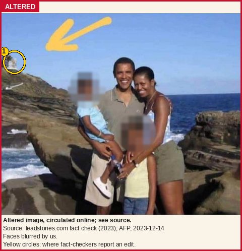 Altered image: a reduced, marked copy of the edited family photo, with the faces of the two children blurred by us and a yellow circle on the striped building that was added at the left edge. People stand on a rocky shore above the ocean.