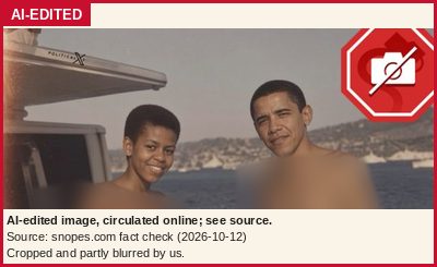 Altered image: a reduced, marked copy of an AI-edited image of two people on a boat, claimed to be an old photo of Barack and Michelle Obama, cropped to heads and shoulders and partly blurred by us so the bodies are not shown. A stop-sign icon from the Snopes article appears at the upper right.